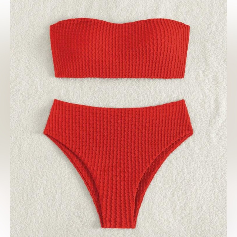 Red Textured Bikini Set